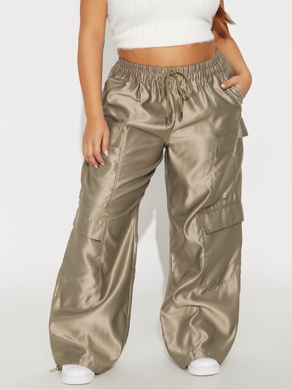 Fashion Nova Gemma Cargo Satin Jogger Pant - Olive